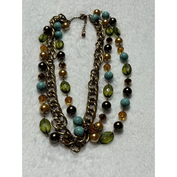 Turquoise multicolored chunky triple layer adjustable fashion necklace - Picture 2 of 6
